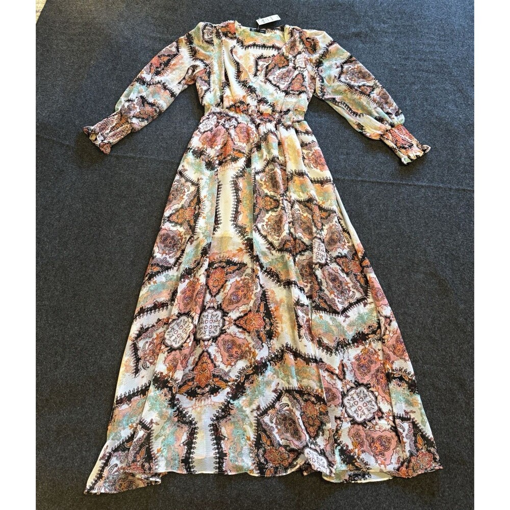 I.N.C International Concepts Paisley Maxi Dress Long Sleeve V-Neck Chiffon M
